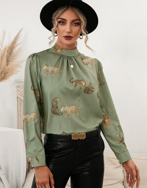 Load image into Gallery viewer, Ivy Lane Leopard Graphic Mock Neck Puff Sleeve Blouse
