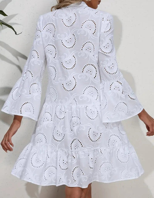 Load image into Gallery viewer, Ruffle Hem Eyelet Notched Long Sleeve Dress
