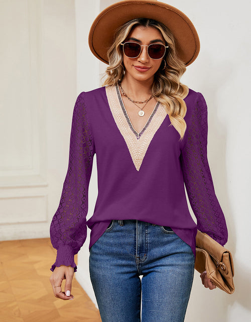 Load image into Gallery viewer, Contrast V-Neck Long Sleeve Blouse
