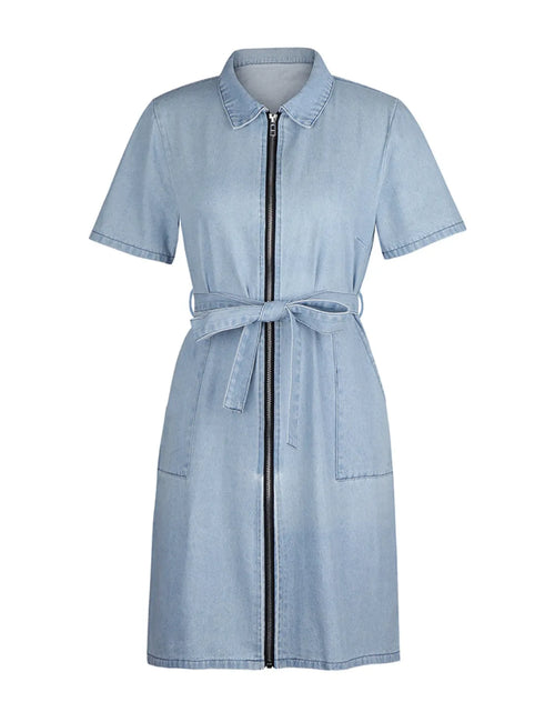 Load image into Gallery viewer, Full Size Zip Front Short Sleeve Denim Dress Plus Size
