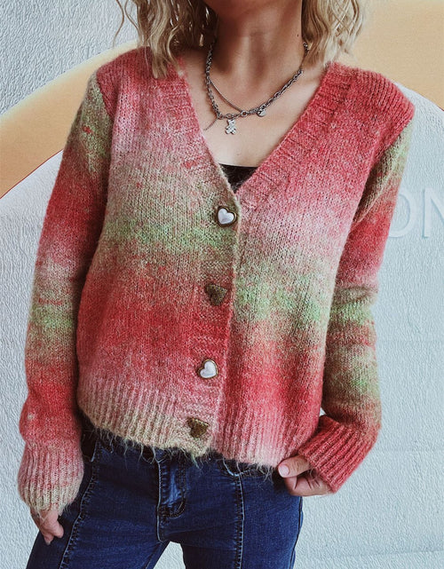 Load image into Gallery viewer, Gradient Heart Shape Button V-Neck Cardigan
