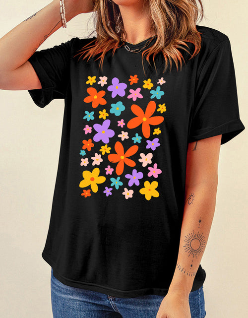 Load image into Gallery viewer, Flower Graphic Round Neck Short Sleeve T-Shirt
