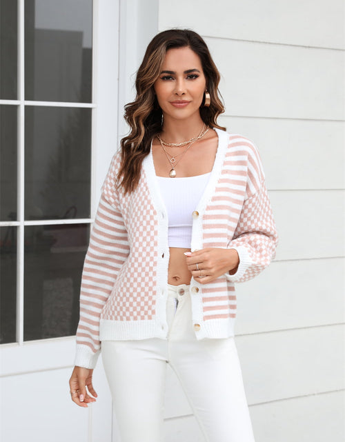 Load image into Gallery viewer, Angel Wings Button-Down Stripe &amp; Plaid Contrast Pattern Cardigan
