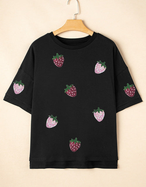 Load image into Gallery viewer, Sequin Strawberry High Low Half Sleeve Relaxed Fit T-Shirt
