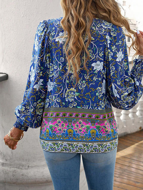 Load image into Gallery viewer, Bohemian Tie Neck Lantern Sleeve Blouse
