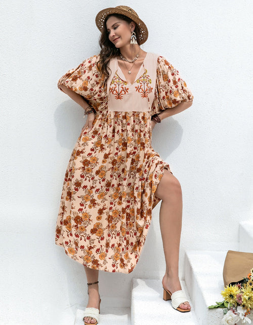 Load image into Gallery viewer, Plus Size Printed Tie Neck Half Sleeve Midi Dress
