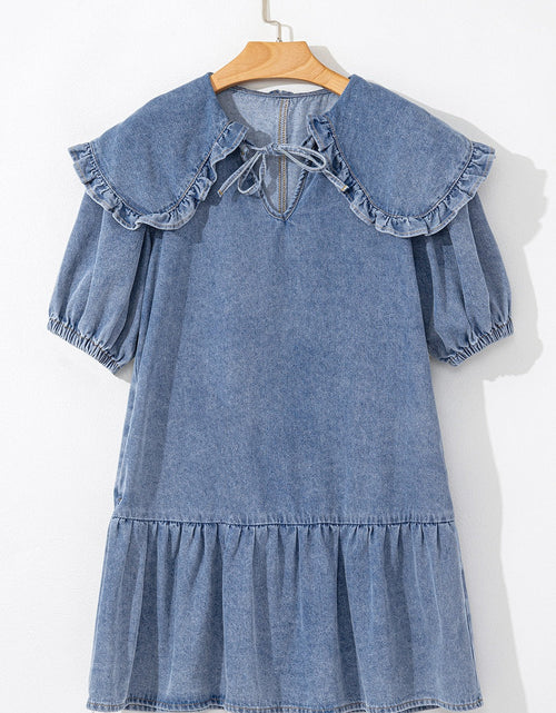 Load image into Gallery viewer, Ruffled Side Pockets Puff Sleeve Denim Mini Dress
