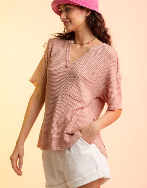 Load image into Gallery viewer, Waffle-Knit Notched Half Sleeve T-Shirt
