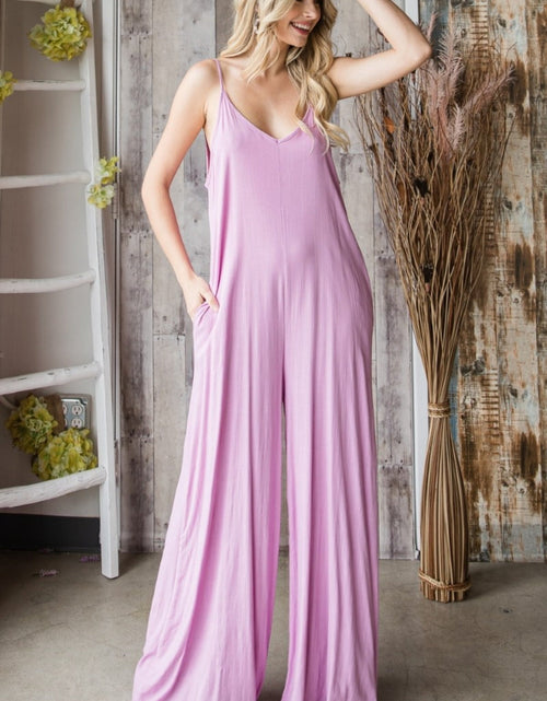 Load image into Gallery viewer, Veveret Pocketed Spaghetti Strap V-Neck Wide Leg Jumpsuit
