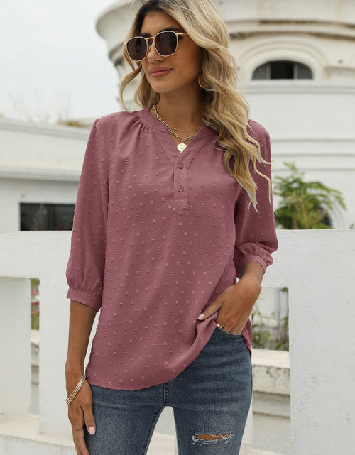 Load image into Gallery viewer, Swiss Dot Notched Neck Three-Quarter Sleeve Blouse
