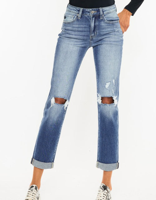 Load image into Gallery viewer, Kancan High Waist Distressed Hem Detail Cropped Straight Jeans
