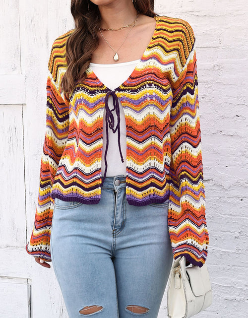 Load image into Gallery viewer, Striped Openwork Tied Cardigan
