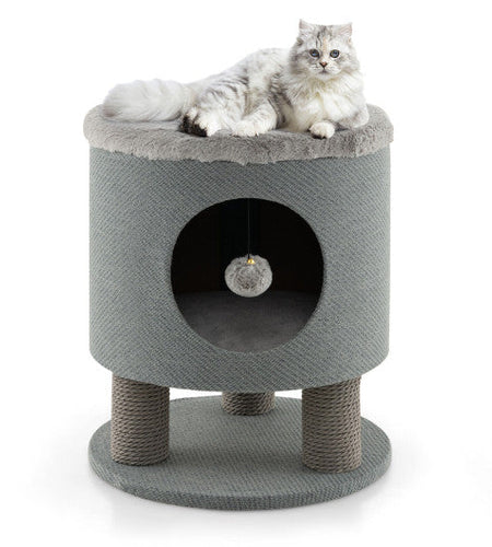 3-in-1 Cat Condo Stool Kitty Bed with Scratching Posts and Plush Ball Toy-Gray