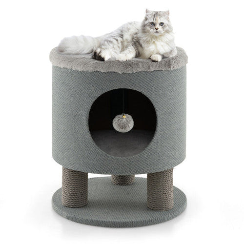 Load image into Gallery viewer, 3-in-1 Cat Condo Stool Kitty Bed with Scratching Posts and Plush Ball Toy-Gray
