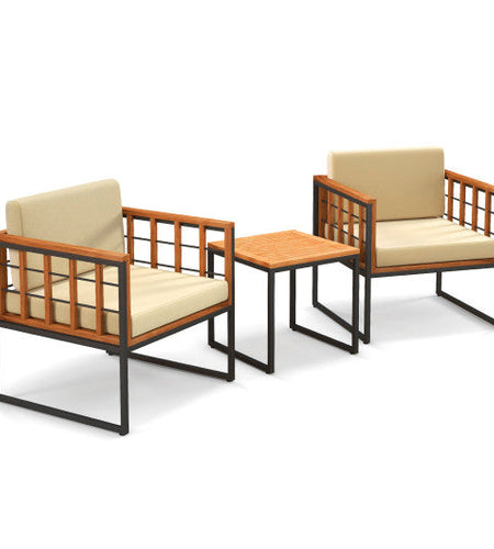 3 Pieces Patio Chair Set Acacia Wood Outdoor Sofa Set with Soft Cushions-Beige