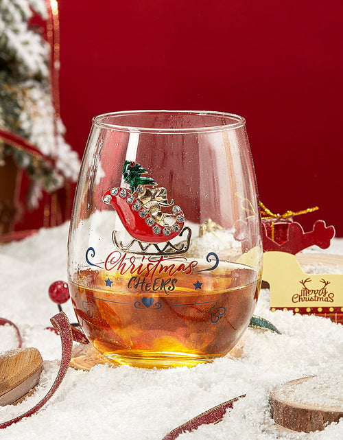 Load image into Gallery viewer, Crystal Christmas Santa's Sleigh Wine &amp; Water Glasses - Set of 2, 17.5oz - Xmas Diamond Merry Christmas Santa Holiday Festive Theme Stemless Glass - New Year Holiday Gifts for Men Women Friend Family by The Wine Savant
