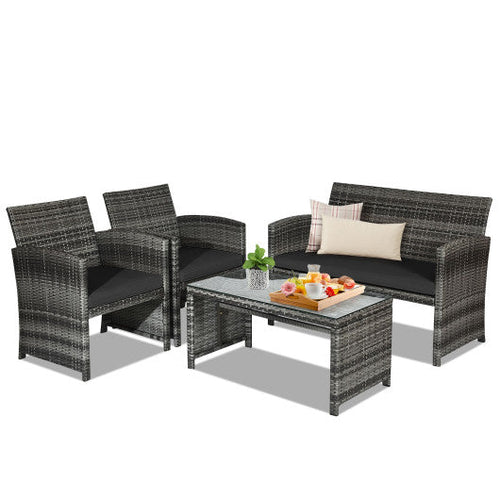 Load image into Gallery viewer, 4 Pieces Patio Rattan Furniture Set with Glass Table and Loveseat-Black
