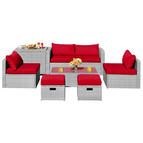 Load image into Gallery viewer, 8 Pieces Patio Rattan Furniture Set with Storage Waterproof Cover and Cushion-Red
