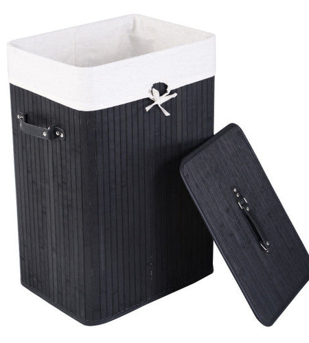 Rectangle Bamboo Hamper Laundry Basket Washing Cloth Bin Storage Bag Lid 3 color-Black