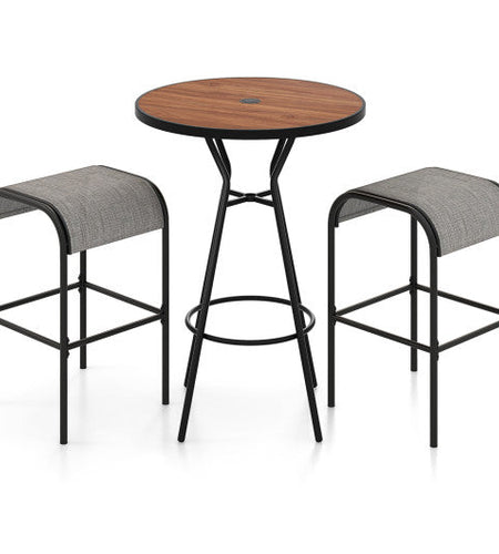 3 Pieces Outdoor Round Bar Table Set with 1.6 Inches Umbrella Hole