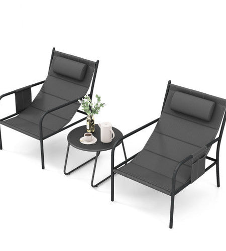 3 Piece Outdoor Bistro Set Patio Metal Chair and Coffee Table Set-Gray