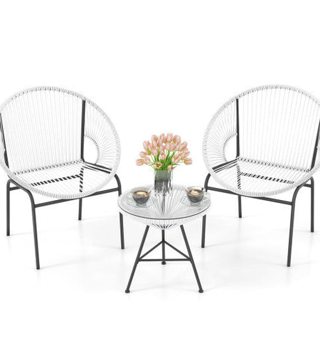 3 Pieces Patio Acapulco Furniture Bistro Set with Glass Table-White