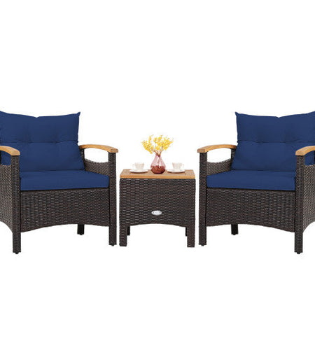3 Pieces Patio Rattan Furniture Set with Removable Cushion-Navy