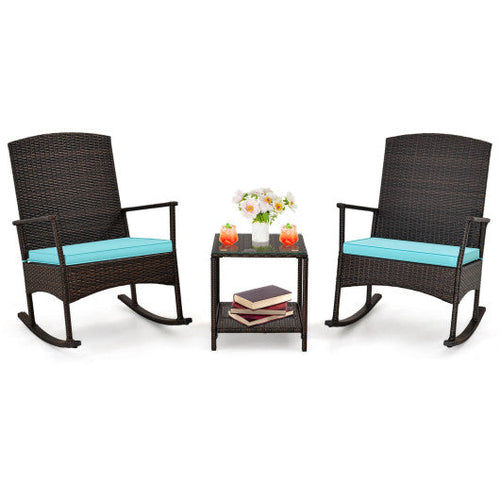Load image into Gallery viewer, 3 Piece Patio Rocking Set Wicker Rocking Chairs with 2-Tier Coffee Table-Turquoise

