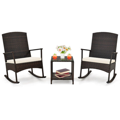 Load image into Gallery viewer, 3 Piece Patio Rocking Set Wicker Rocking Chairs with 2-Tier Coffee Table-Off White
