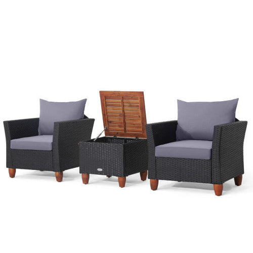 Load image into Gallery viewer, 3 Pieces Outdoor Patio Wicker Furniture Set with Cushions and Acacia Wood Coffee Table-Gray
