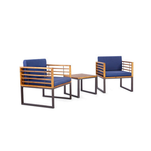 Load image into Gallery viewer, 3 Pieces Patio Acacia Wood Conversation Set with Cushioned Armchairs-Navy

