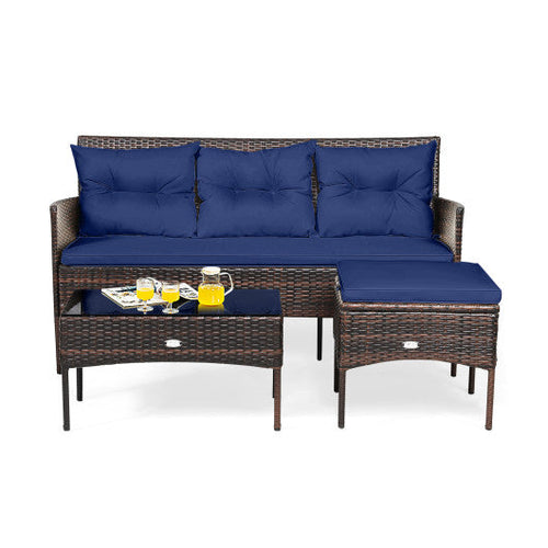 Load image into Gallery viewer, 3 Pieces Patio Furniture Sectional Set with 5 Cozy Cushions-Navy
