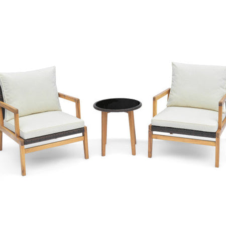 3 Pieces Patio Furniture Set with Cushioned Chairs and Tempered Glass Side Table-Brown
