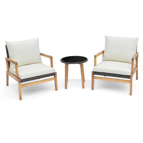 Load image into Gallery viewer, 3 Pieces Patio Furniture Set with Cushioned Chairs and Tempered Glass Side Table-Brown
