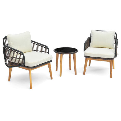 Load image into Gallery viewer, 3 Pieces Patio Furniture Set with Cushioned Chairs and Tempered Glass Side Table-Black
