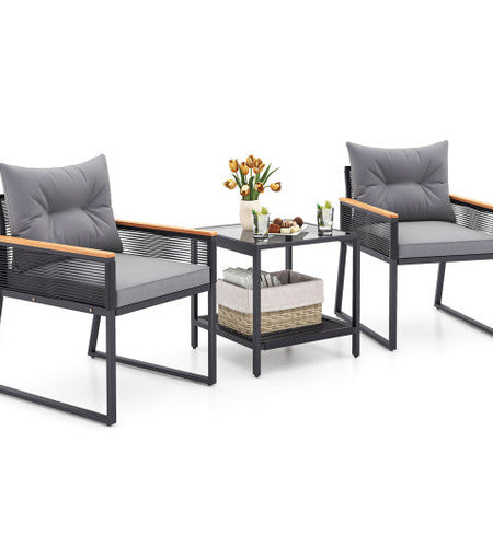 3 Pieces Patio Furniture Set with 2 Tier Coffee Table and Soft Seat Cushions-Gray