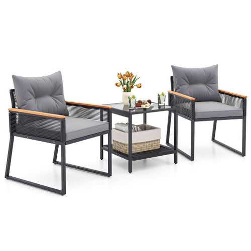 Load image into Gallery viewer, 3 Pieces Patio Furniture Set with 2 Tier Coffee Table and Soft Seat Cushions-Gray
