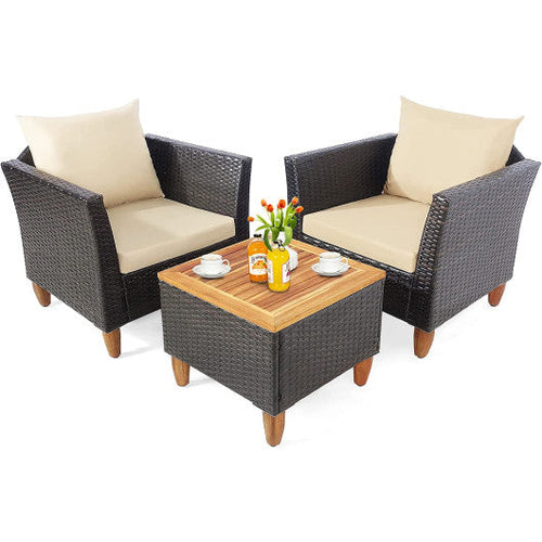 Load image into Gallery viewer, 3 Pieces Patio Rattan Bistro Furniture Set with Wooden Table Top-Beige
