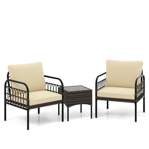 Load image into Gallery viewer, 3 Pieces Patio Wicker Conversation Set with Cushions and Tempered Glass Coffee Table-Beige
