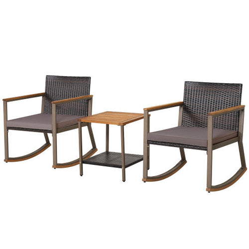 Load image into Gallery viewer, 3 Pieces Rattan Rocking Bistro Set with Coffee Table and Cushions-Gray
