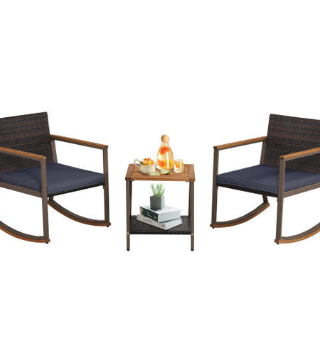 3 Pieces Rattan Rocking Bistro Set with Coffee Table and Cushions-Navy