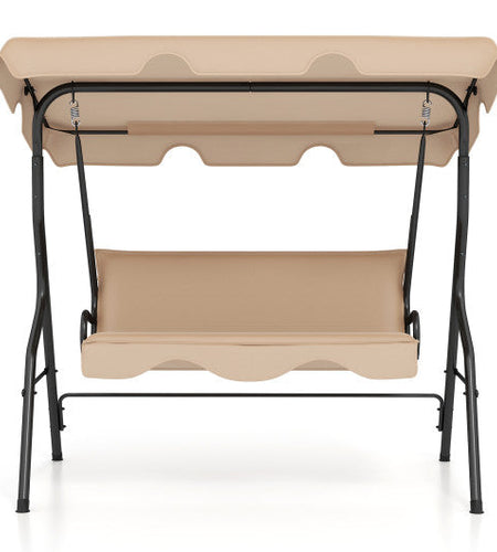 3 Seat Outdoor Patio Canopy Swing with Cushioned Steel Frame-Beige