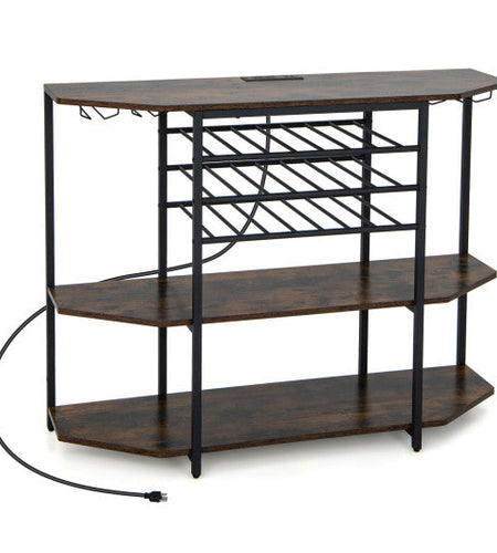 3-Tier Wine Bar Cabinet with Storage Shelves-Brown