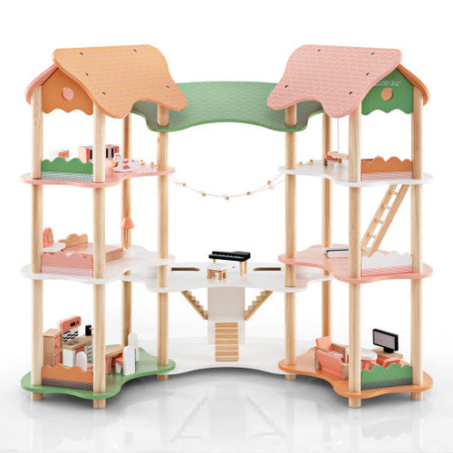 Load image into Gallery viewer, 3-Tier Wooden Dollhouse for Kids Aged 3-8 Years Old with 32 Pieces of Accessories-Multicolor
