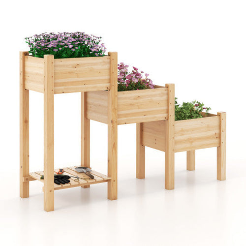 Load image into Gallery viewer, 3-Tier Wooden Raised Garden Bed with Open Storage Shelf-Natural
