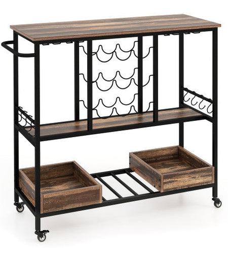 3 Tiers Bar Cart on Wheels with Glass Racks-Brown