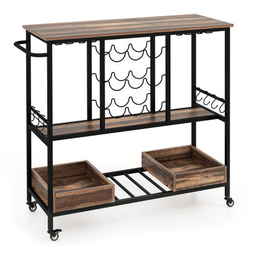 Load image into Gallery viewer, 3 Tiers Bar Cart on Wheels with Glass Racks-Brown

