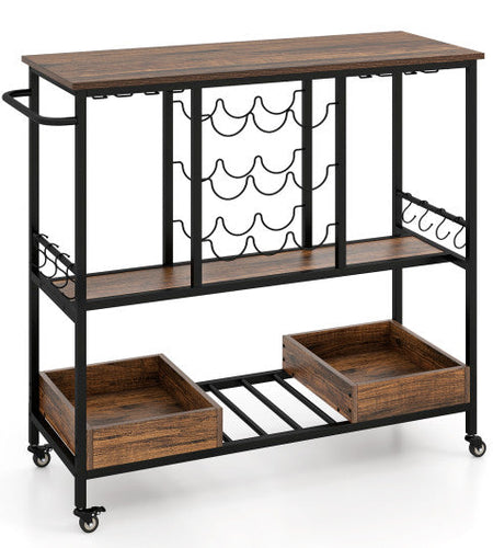 3 Tiers Bar Cart on Wheels with Glass Racks-Rustic Brown