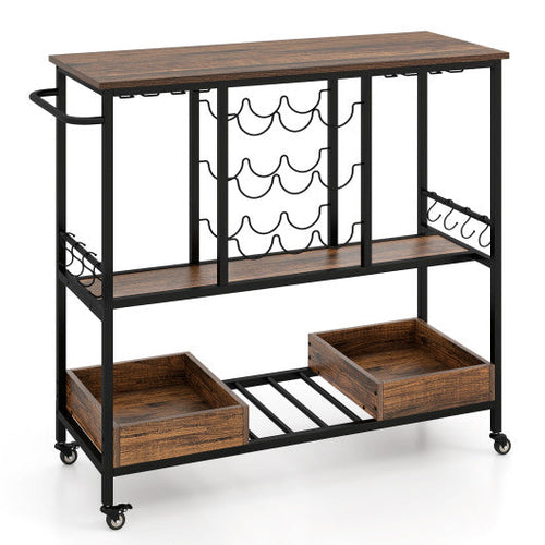 Load image into Gallery viewer, 3 Tiers Bar Cart on Wheels with Glass Racks-Rustic Brown
