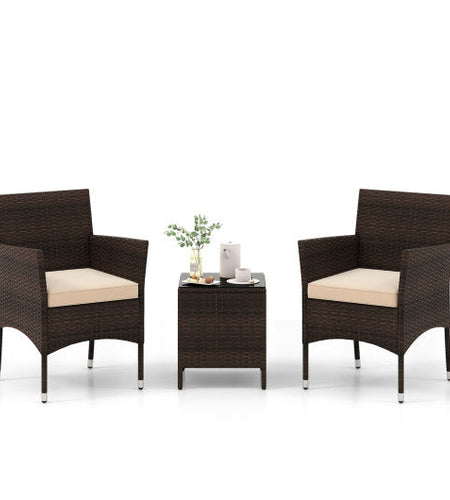 3 Pieces Outdoor Conversation Set with Cushioned Seat and Glass Tabletop-Beige